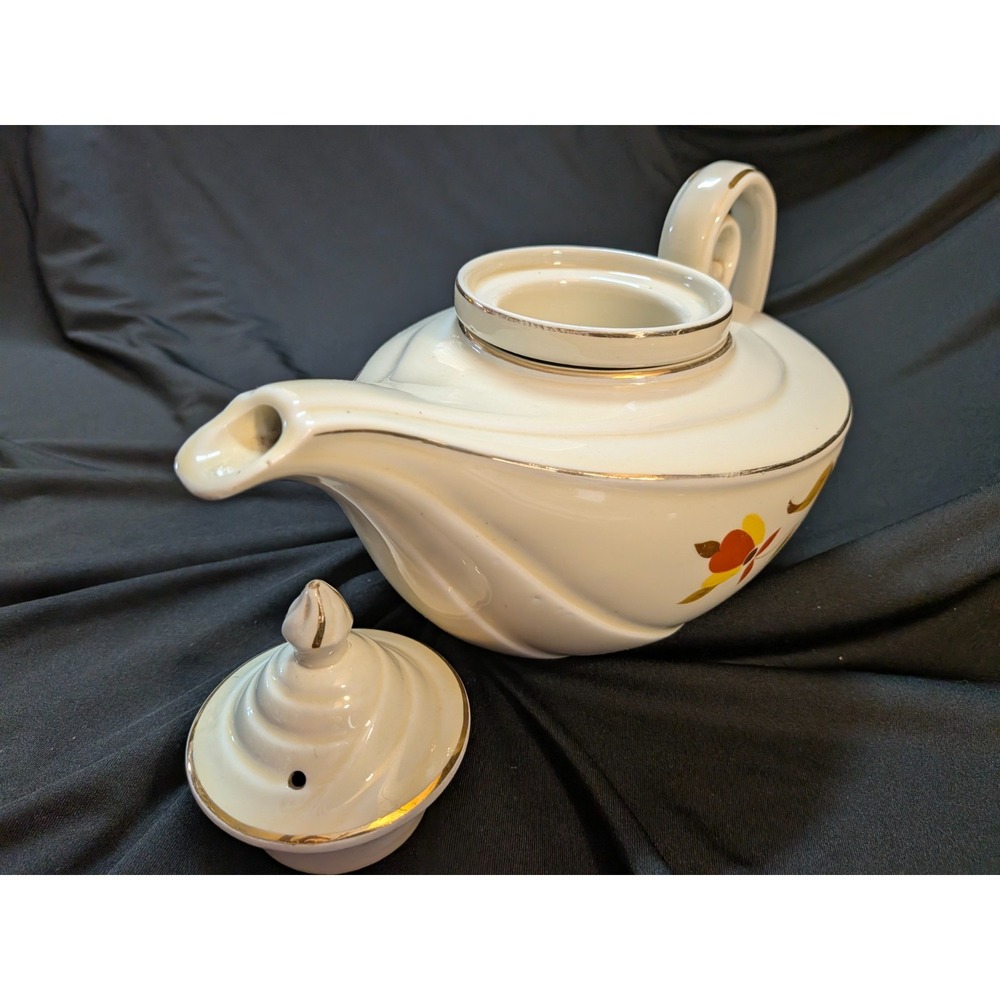 Vintage Hall China Autumn Leaf Aladdin Teapot Jewel Tea 3 Pc Set Lid Infuser - Picture 4 of 11